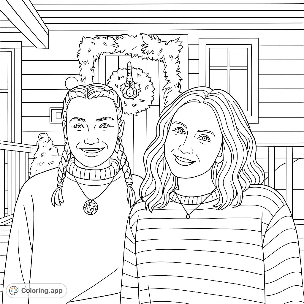Two smiling friends on a cozy porch, ready for coloring. Features a festive wreath and detailed house exterior. Perfect for all ages!