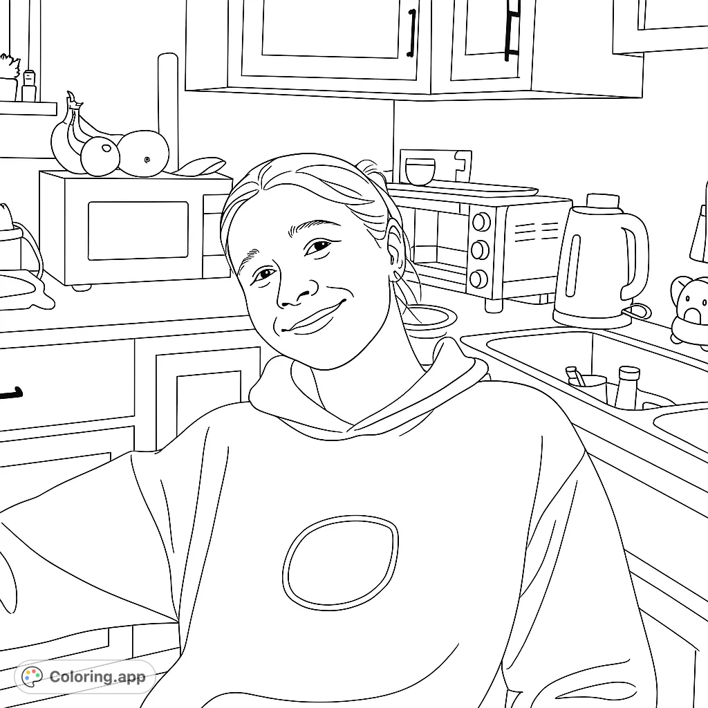 A cheerful young person in a detailed kitchen, ready for coloring. Features a smiling face, cozy hoodie, and kitchen appliances. Perfect for all ages!