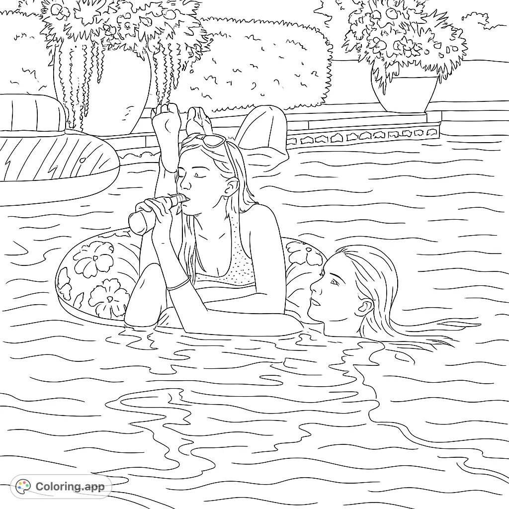 Dive into summer fun with this free printable pool day coloring page! Two friends relax in the water, perfect for a sunny escape.