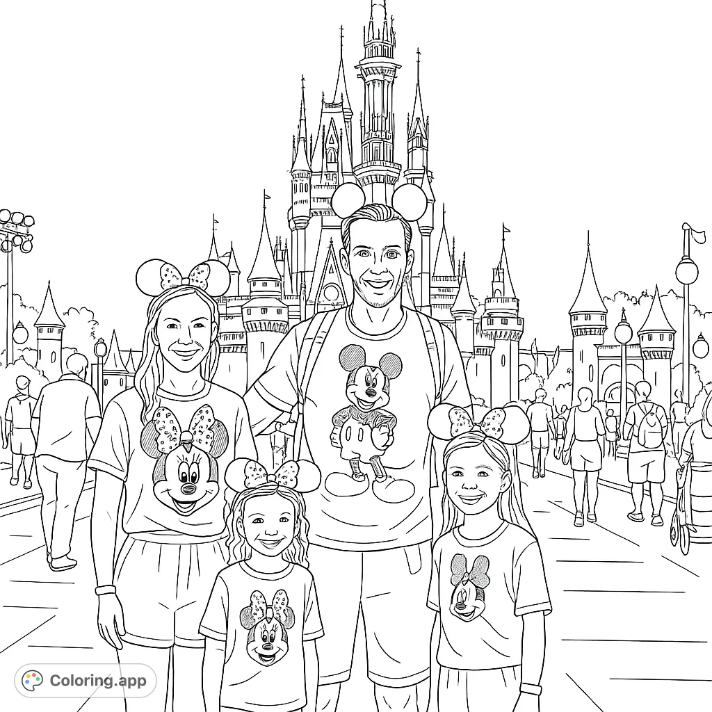 A joyful family of four, wearing character gear, poses before a majestic fantasy castle. A free printable theme park coloring page for all ages.