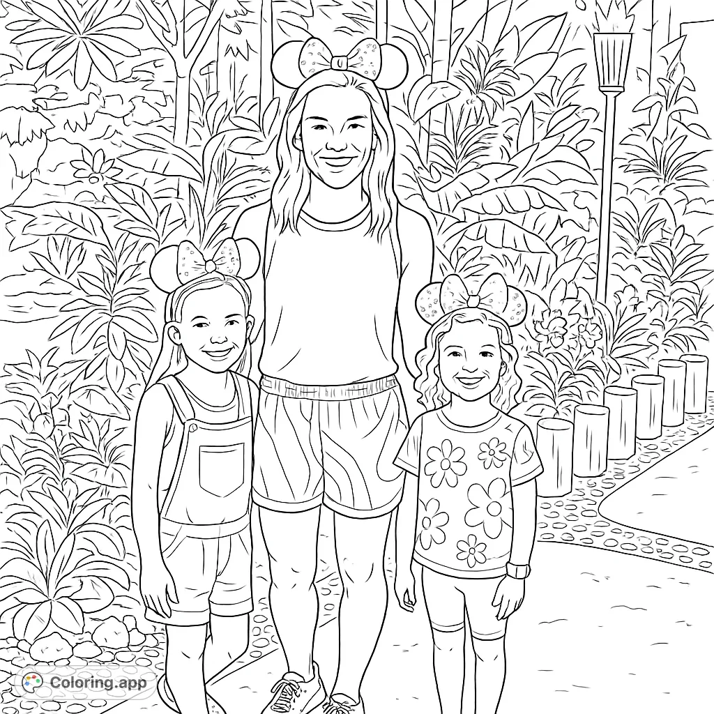 A joyful family portrait featuring a woman and two girls wearing iconic mouse ear headbands amidst lush tropical foliage. Perfect for a fun coloring adventure!