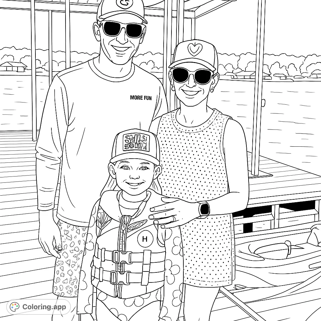 A happy family of three on a lake dock, ready for summer fun. This free printable family lake day coloring page is perfect for all ages.