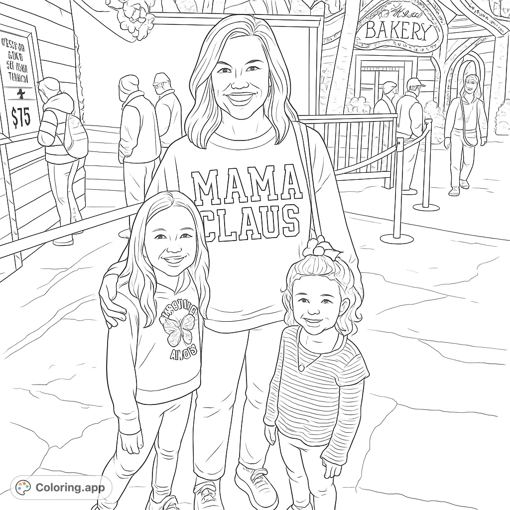 Joyful Mama Claus and her two smiling girls in a festive holiday market scene. A heartwarming family portrait for coloring fun.