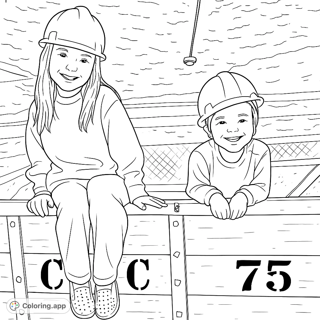 Two smiling children in hard hats embark on a mine cart adventure. A fun, free printable mining adventure coloring page for kids.