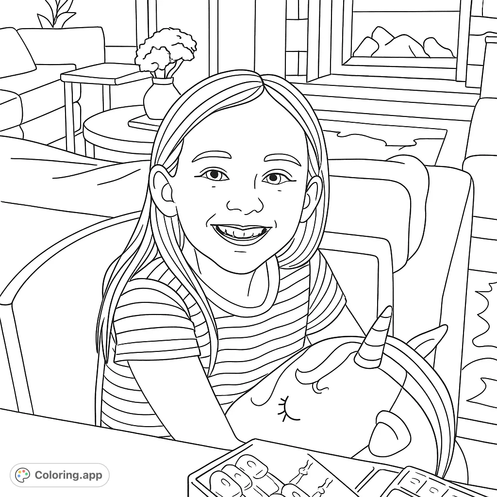A joyful girl with her unicorn toy in a cozy living room. A free printable coloring page for kids and adults, perfect for a relaxing activity.