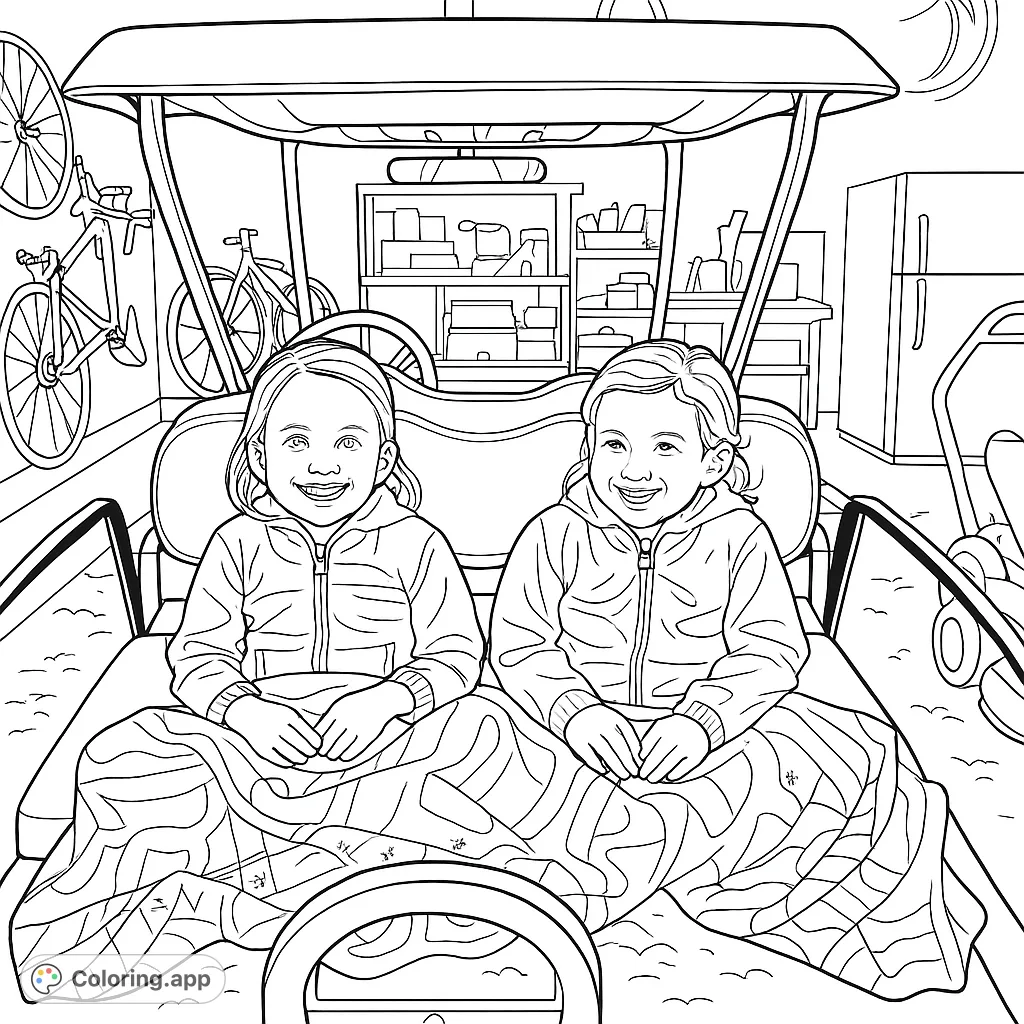 Two smiling girls cozy in a golf cart inside a garage. A fun, free printable golf cart coloring page for kids and adults, perfect for creative play.
