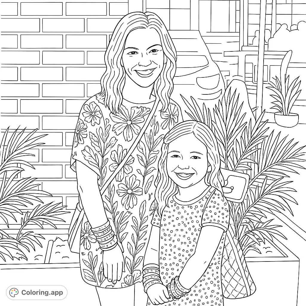 A heartwarming mother and daughter smiling, surrounded by lush plants and a brick wall, perfect for a family-themed coloring page.