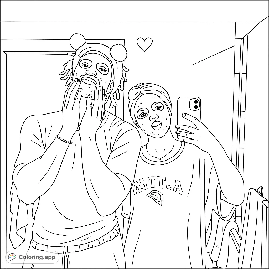 Capture the fun of a spa day with this selfie coloring page! Two friends enjoy face masks, perfect for relaxation and creative expression.