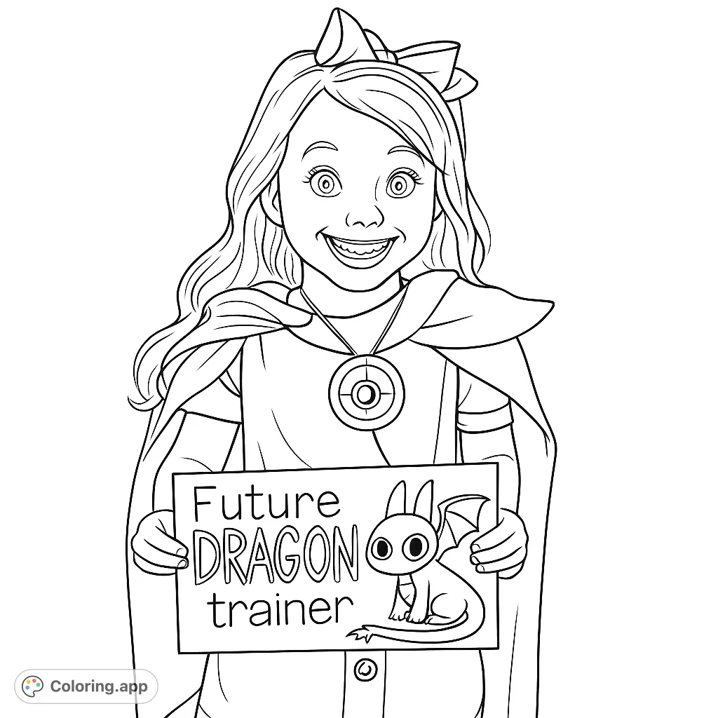 A joyful girl in a cape holds a sign with a cute baby dragon, declaring herself a 'Future Dragon Trainer'. A fun, free printable coloring page!