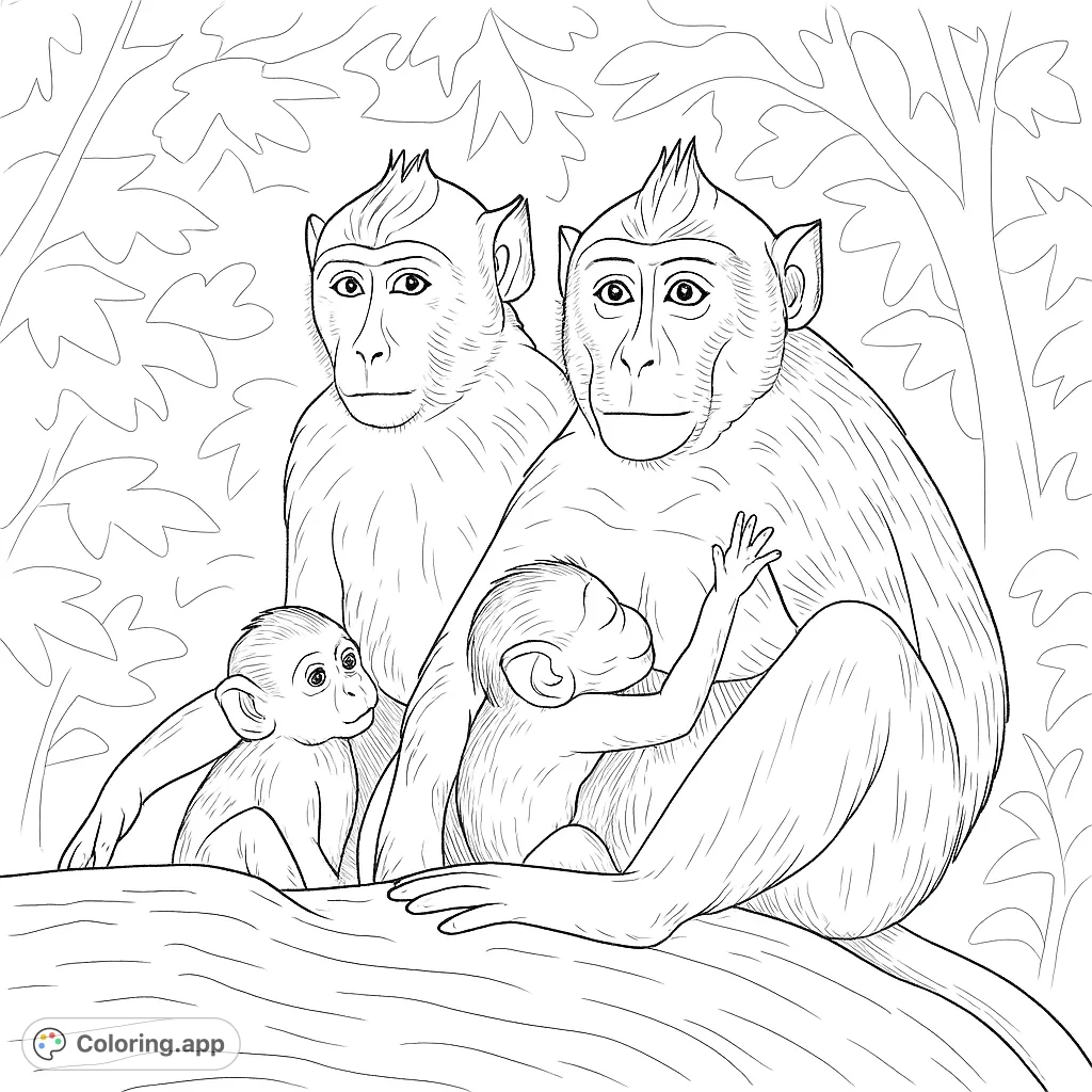 A heartwarming jungle monkey family coloring page featuring two adults and two babies on a branch amidst lush foliage. Free printable for all ages!