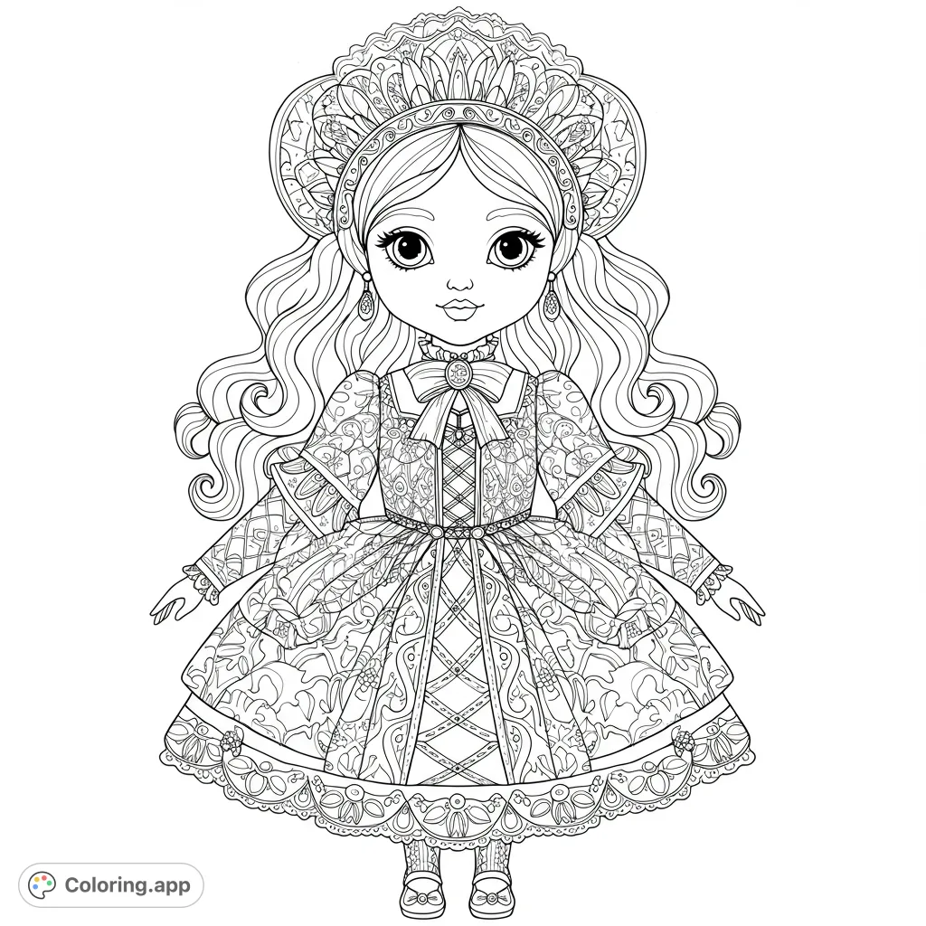 An enchanting girl in an intricately patterned gown and majestic headpiece, perfect for detailed coloring. A beautiful ornate doll coloring page.