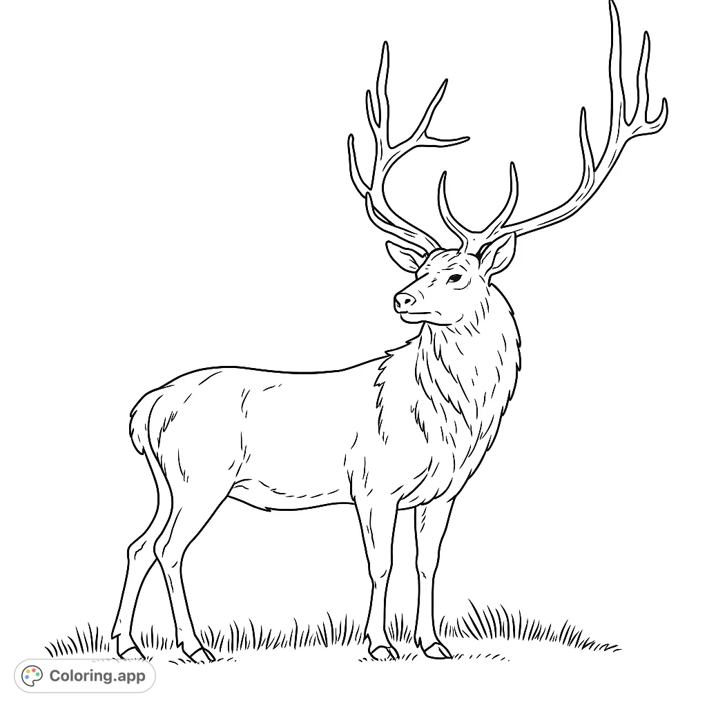 Color a majestic stag with grand antlers standing in a grassy field. A beautiful nature-themed free printable coloring page for all ages.