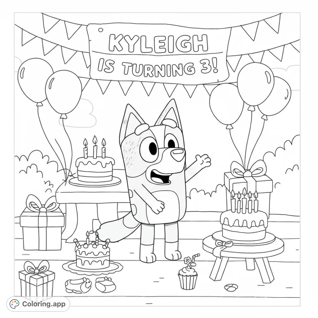 A cheerful cartoon dog celebrates a birthday with cakes, balloons, and gifts. A fun, free printable birthday coloring page for kids and adults.