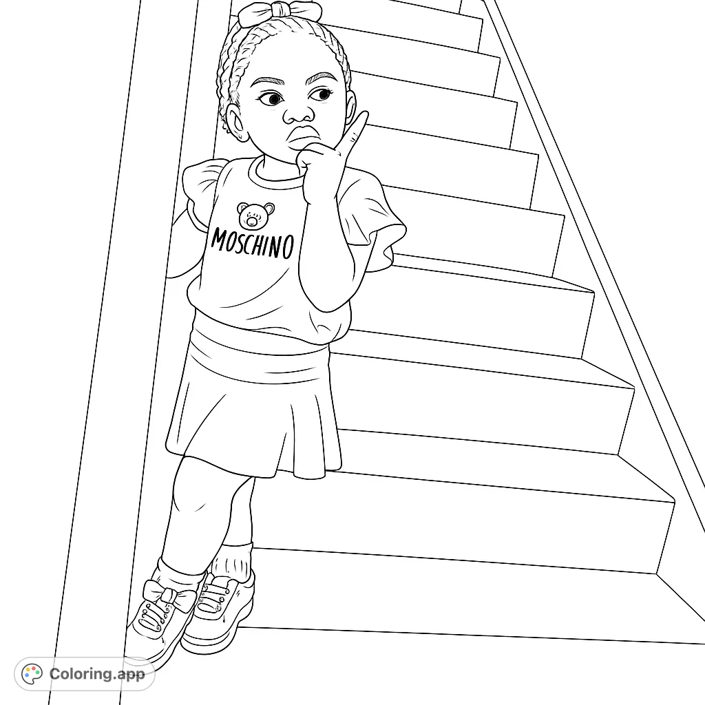 An adorable young girl with braided hair and a bow, standing thoughtfully on stairs. A charming free printable coloring page for all ages.
