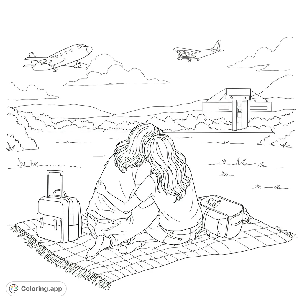 Embrace the journey! Two friends/lovers on a picnic blanket, watching planes take off from a distant airport. A heartwarming travel scene.