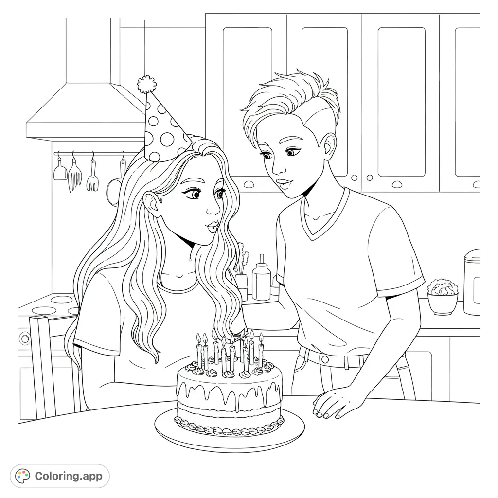 Celebrate a special moment! Two friends gather around a birthday cake with lit candles in a cozy kitchen. A delightful free printable birthday coloring page.