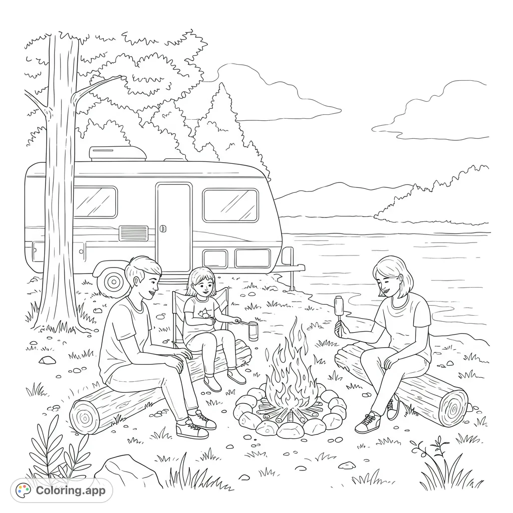 Enjoy a free printable camping coloring page featuring a family by a campfire with an RV, perfect for outdoor adventure and relaxation.
