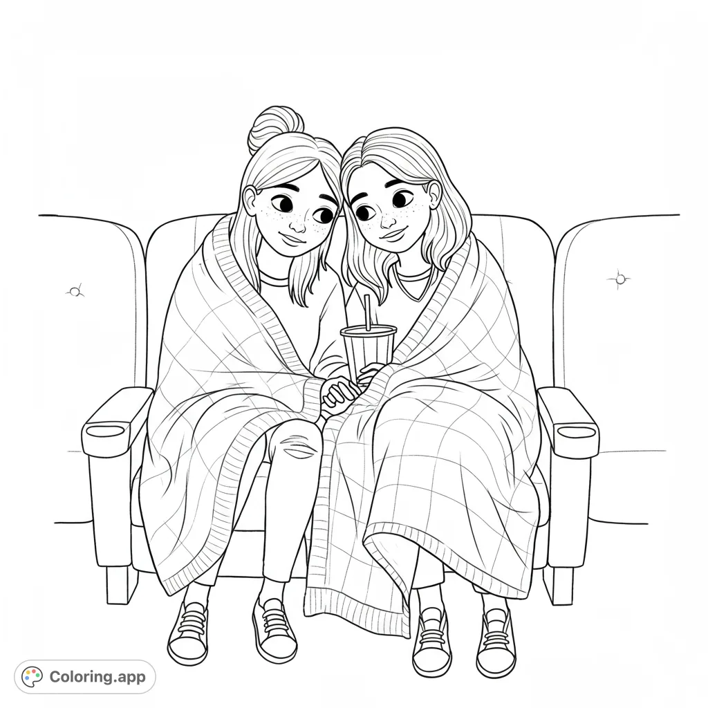 Two friends share a cozy blanket and a drink in cinema seats, perfect for a relaxing movie night coloring page. Free printable for all ages.