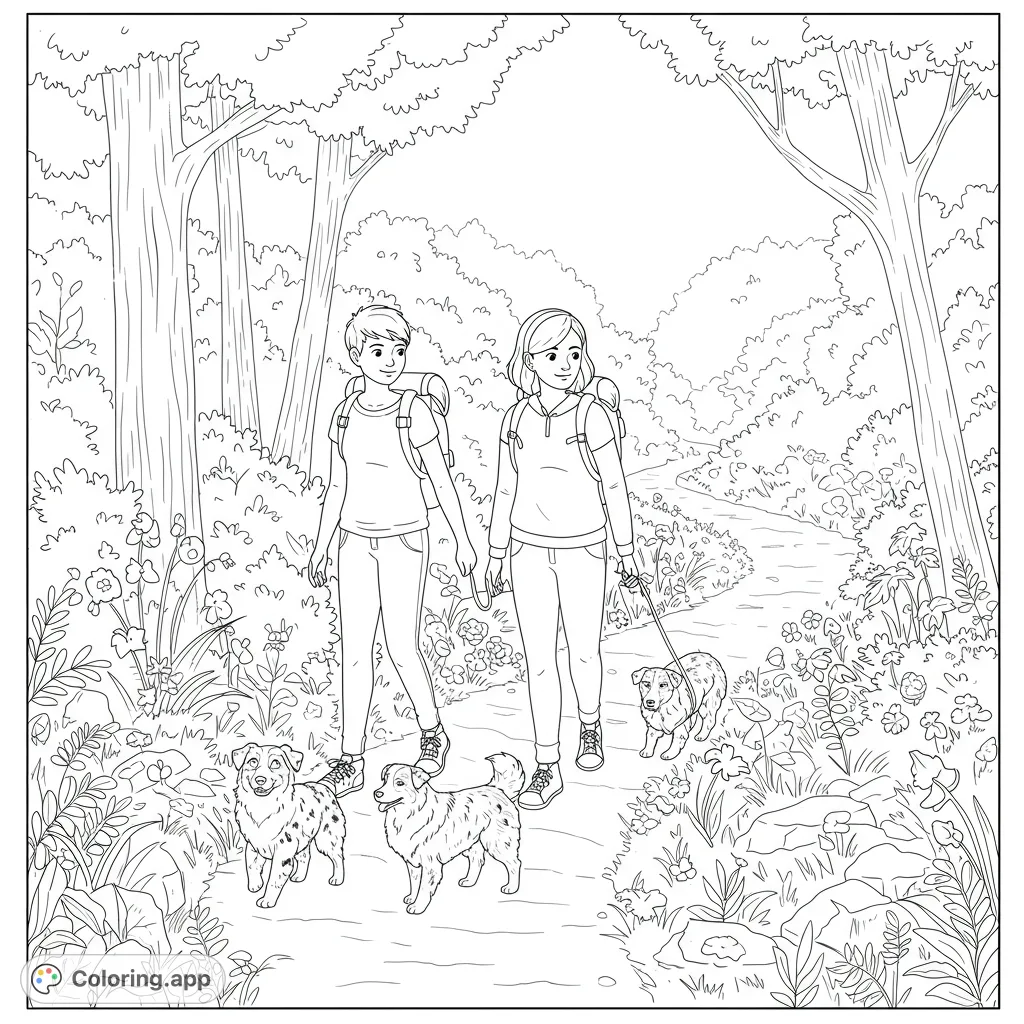 Embark on a nature adventure! Two hikers and their three dogs explore a winding forest path, surrounded by trees and wildflowers. A delightful outdoor scene.