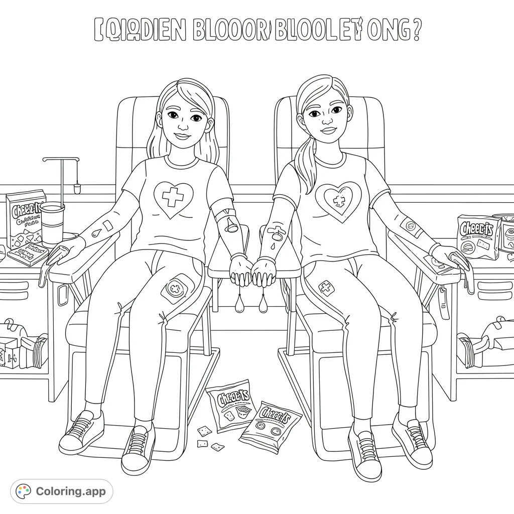 Two friends holding hands while donating blood, surrounded by snacks, promoting community and kindness in a free printable coloring page.