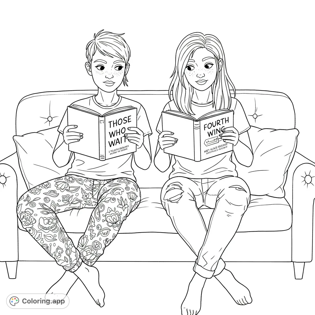Two young women relaxing on a sofa, engrossed in reading their books. A cozy scene perfect for quiet moments and creative coloring.