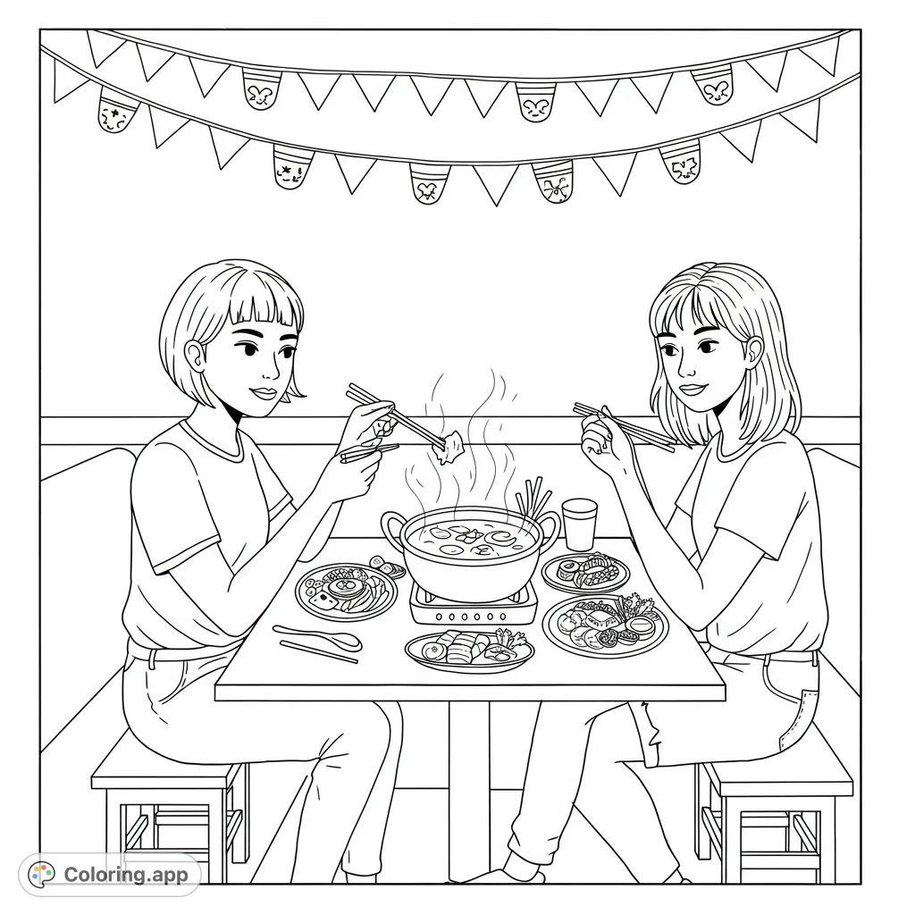 Enjoy a delightful hot pot gathering with friends! This free printable coloring page features two women sharing a steaming meal, perfect for foodies.