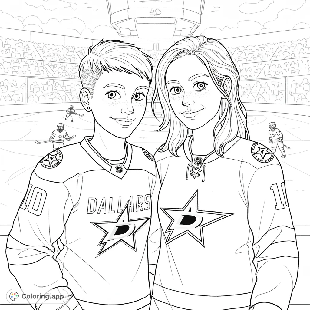 Two smiling hockey fans in Dallas Stars jerseys at a lively arena, with players on the ice. A dynamic sports coloring page for all ages.