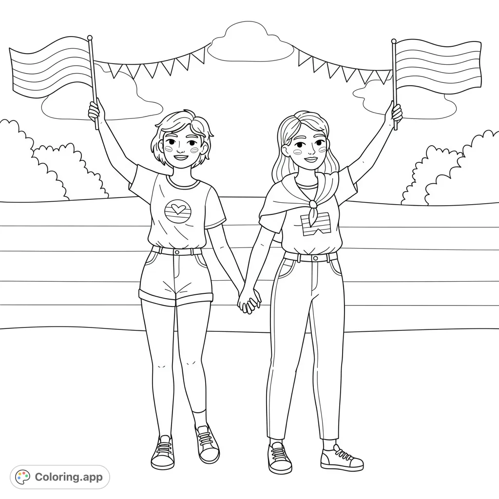 Two smiling women hold hands and wave flags, celebrating unity and joy with festive banners and a vibrant background. Perfect for all ages!