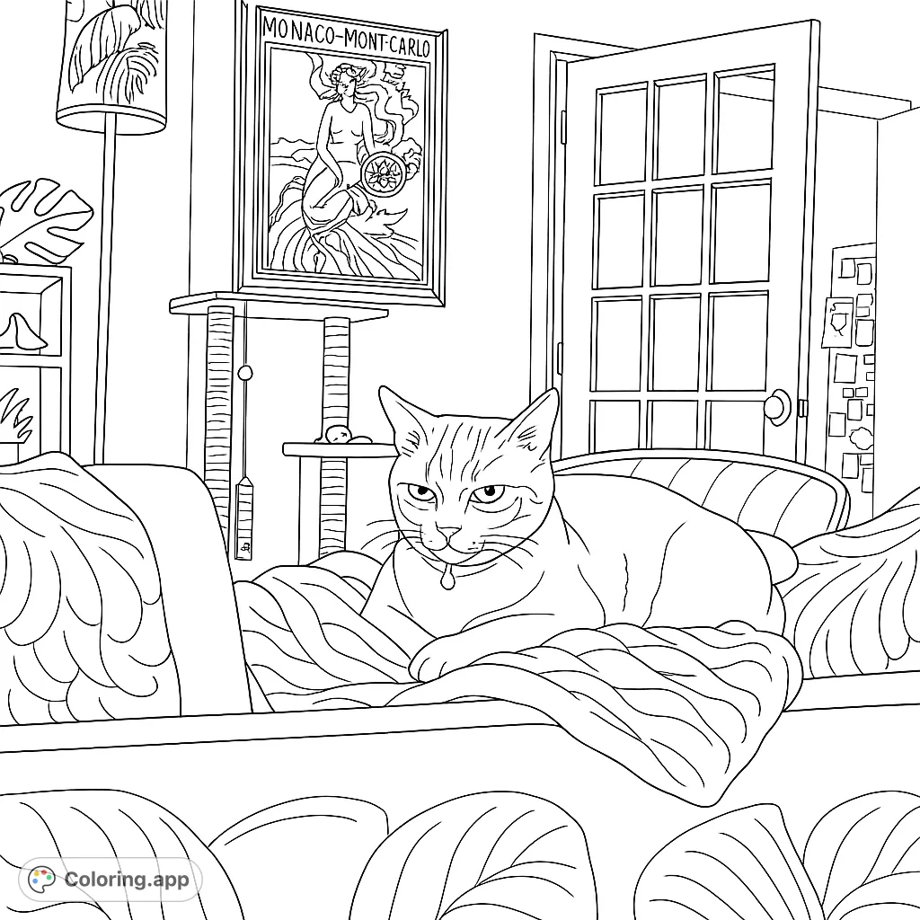 A charming cat with a grumpy expression lounges on a cozy blanket, surrounded by home comforts. Perfect for pet lovers and relaxation.