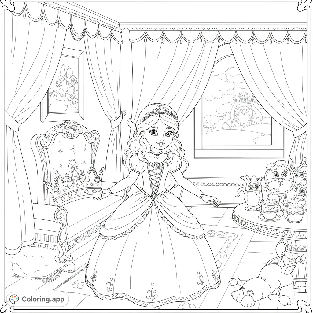 A charming princess in her royal chamber, surrounded by ornate furniture, playful toys, and a grand window view. Perfect for fairytale fans.