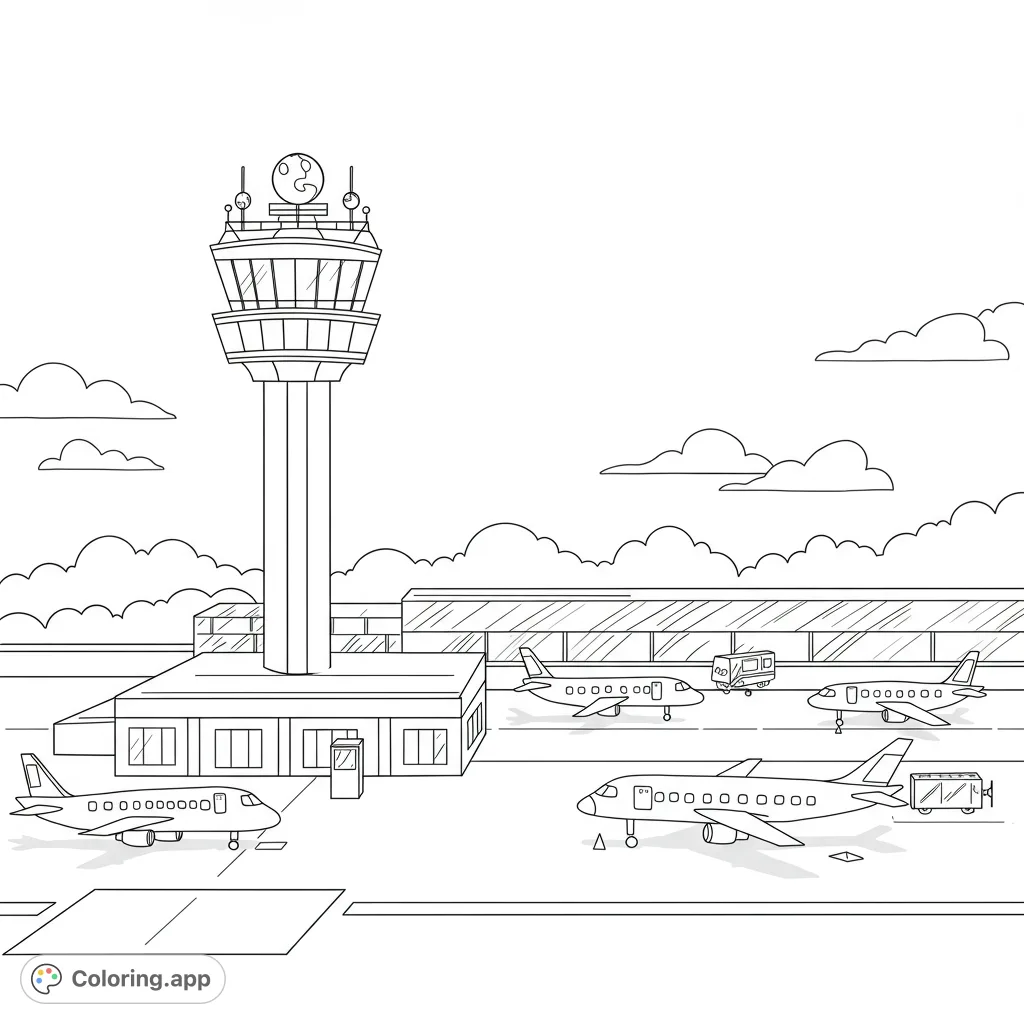 Explore a bustling airport scene with a tall control tower, multiple airplanes, and terminal building, ready for your creative colors.