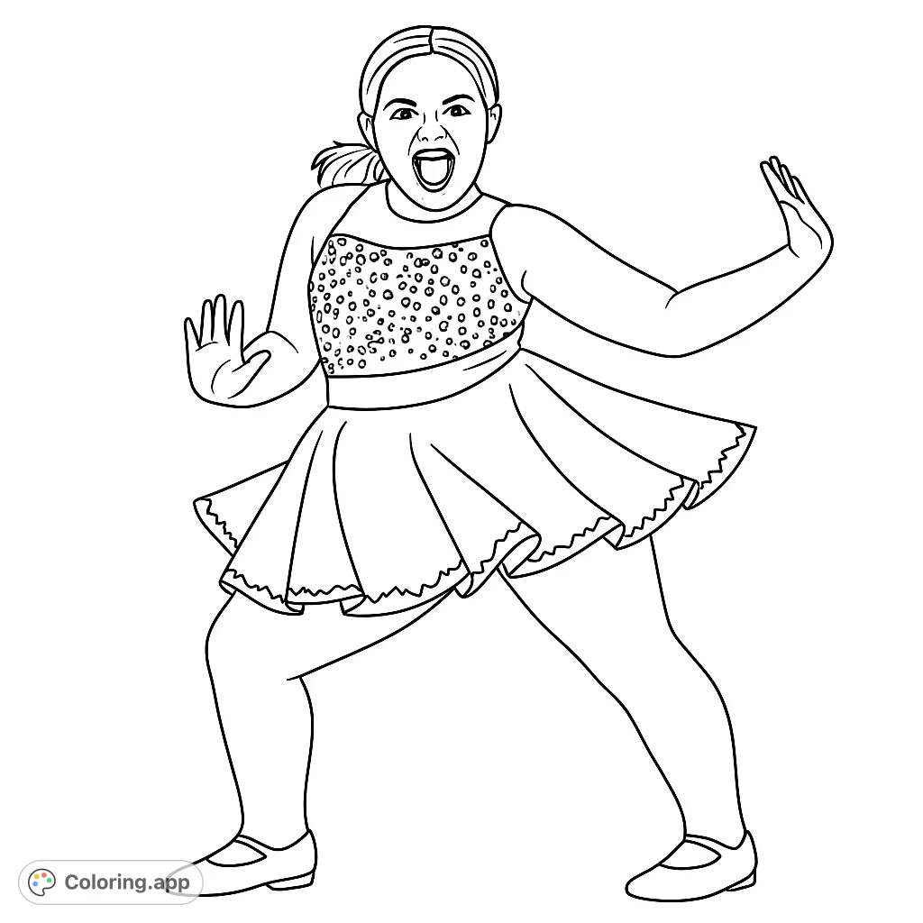 An energetic young dancer in a dynamic pose, wearing a patterned costume with a ruffled skirt. Perfect for kids and adults to color!