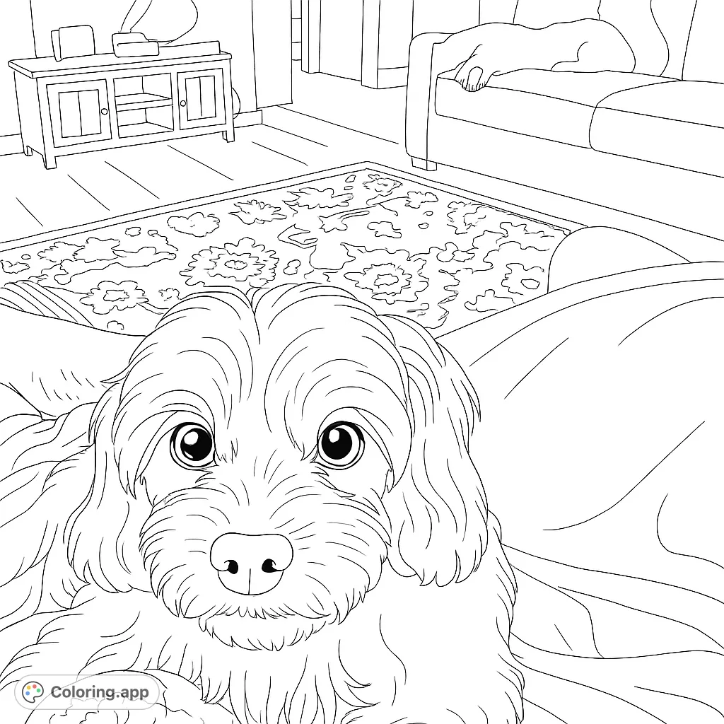 An adorable fluffy dog gazes forward in a cozy living room scene. Features a patterned rug, furniture, and a relaxed atmosphere. Perfect for dog lovers!
