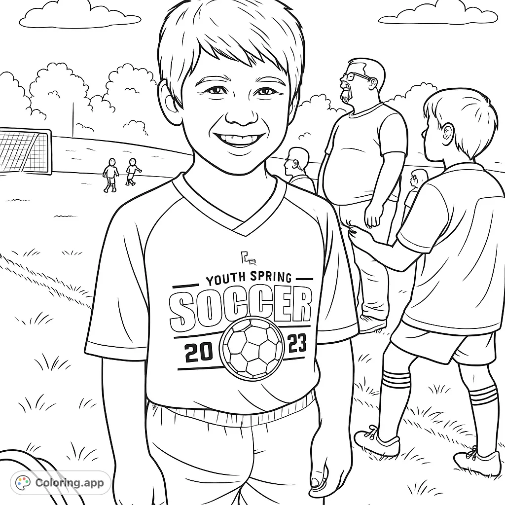 Score big with this youth soccer coloring page! A smiling boy in his jersey, ready for the game, with teammates and coaches in the background. Free printable fun!