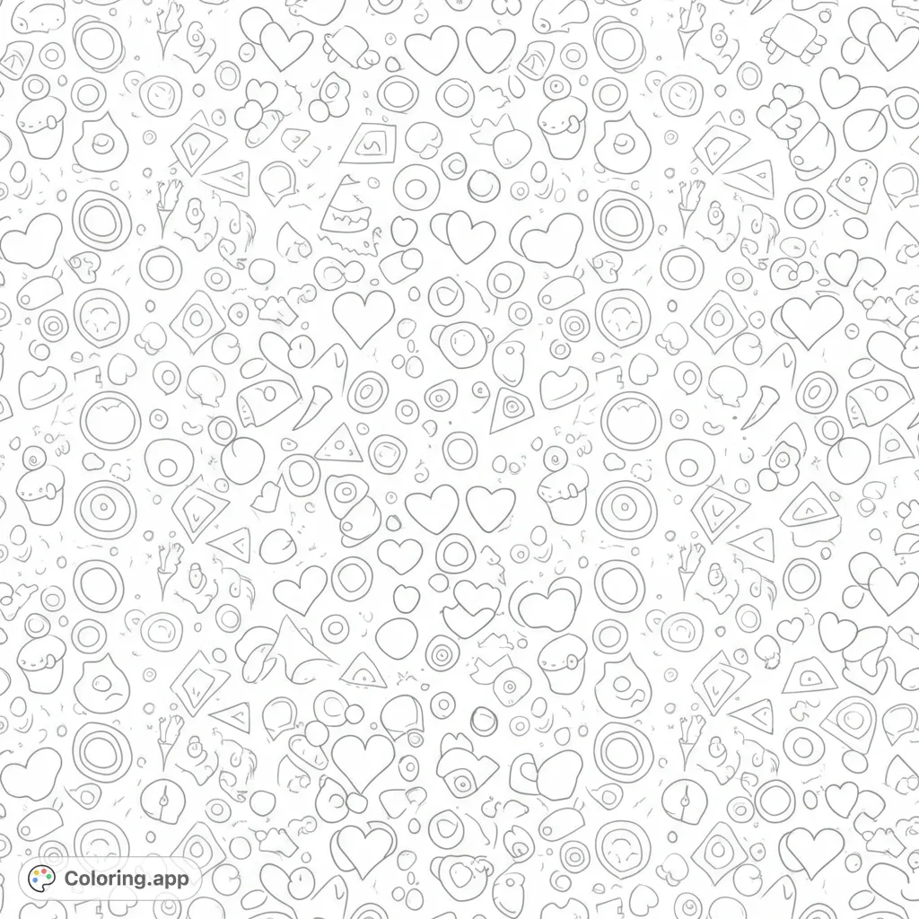 A delightful seamless pattern of hearts, cupcakes, and various shapes, perfect for a fun and creative coloring experience.