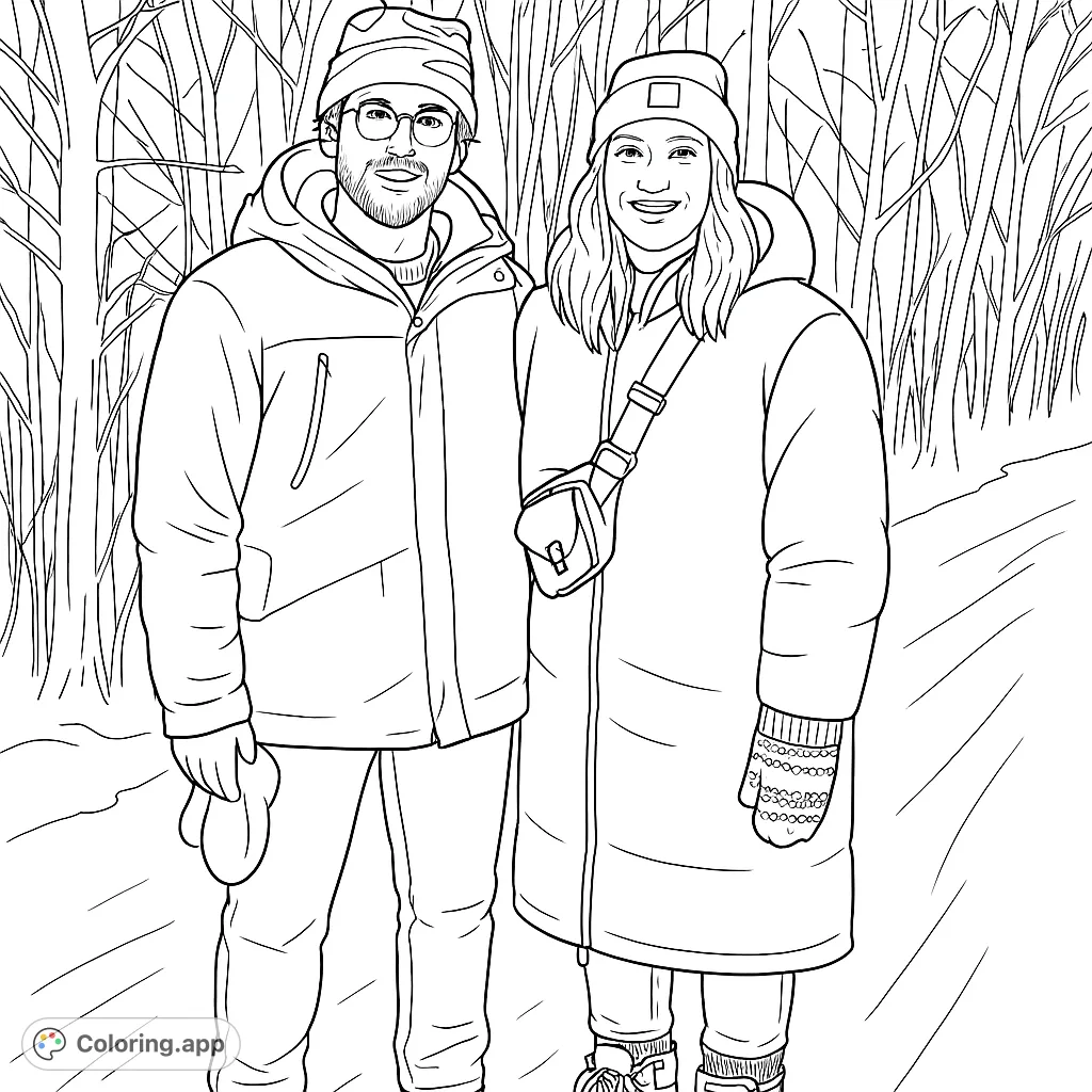 A cozy winter scene featuring a man and woman bundled in warm clothes, standing in a snowy forest. Perfect for a relaxing coloring session.
