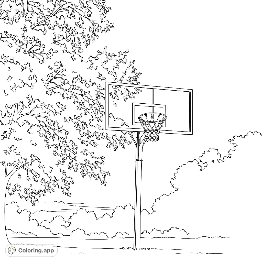 A dynamic outdoor basketball hoop scene with a large, leafy tree and distant bushes. Perfect for sports enthusiasts and nature lovers to color!