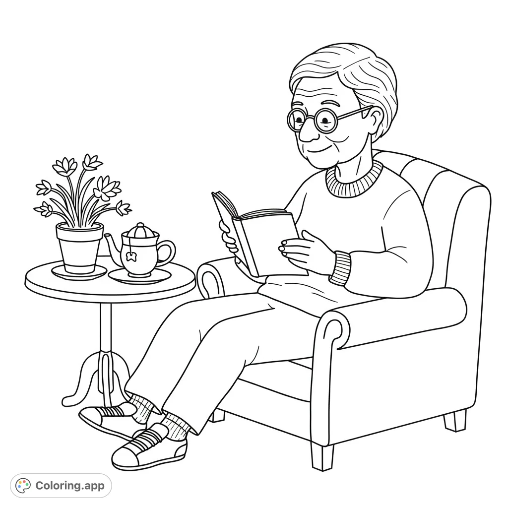 A serene coloring page featuring an elderly person reading in a cozy armchair with tea and a potted plant nearby. Perfect for relaxation.