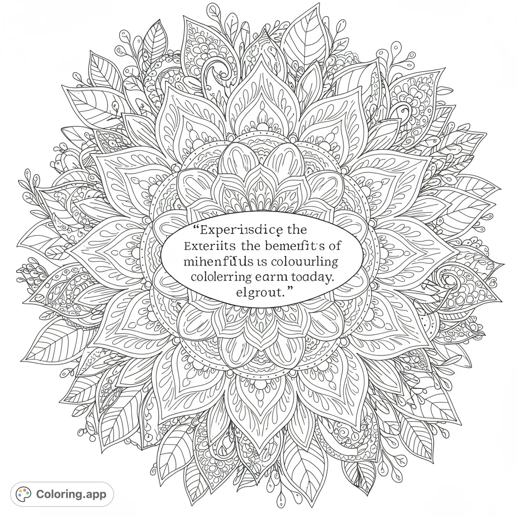 Discover an intricate floral mandala coloring page, featuring layered petals and delicate leaves, ideal for mindful coloring and artistic expression.