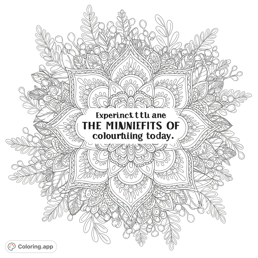 An intricate botanical mandala coloring page, perfect for mindfulness. Features detailed floral and leaf patterns for a relaxing creative escape.