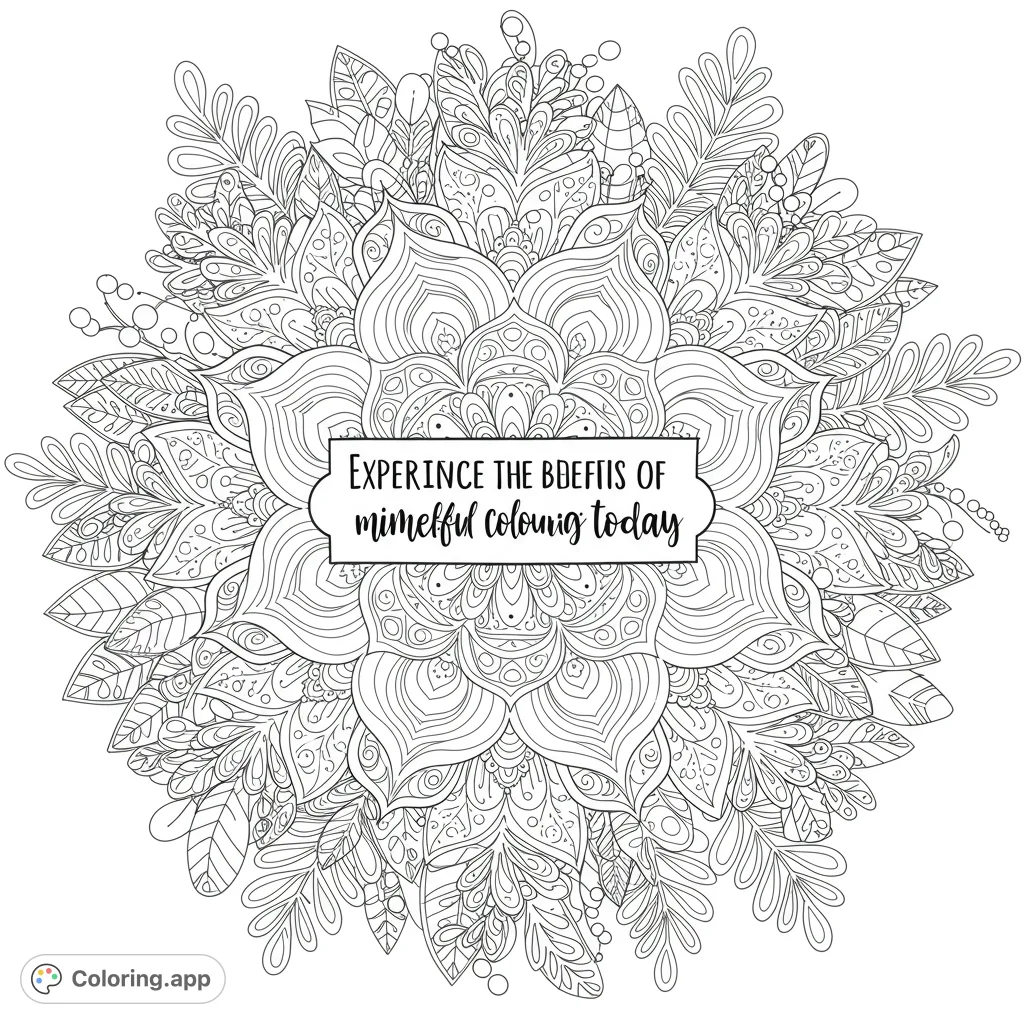 An intricate floral mandala coloring page featuring layers of detailed petals, leaves, and swirling patterns, perfect for mindful coloring and relaxation.