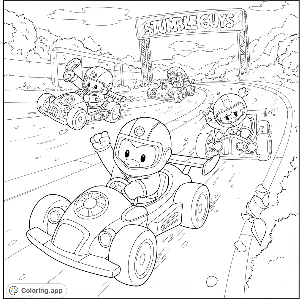 Join the exciting Stumble Guys go-kart race! Speed along the track with your favorite characters in this free printable coloring page, perfect for kids and adults.