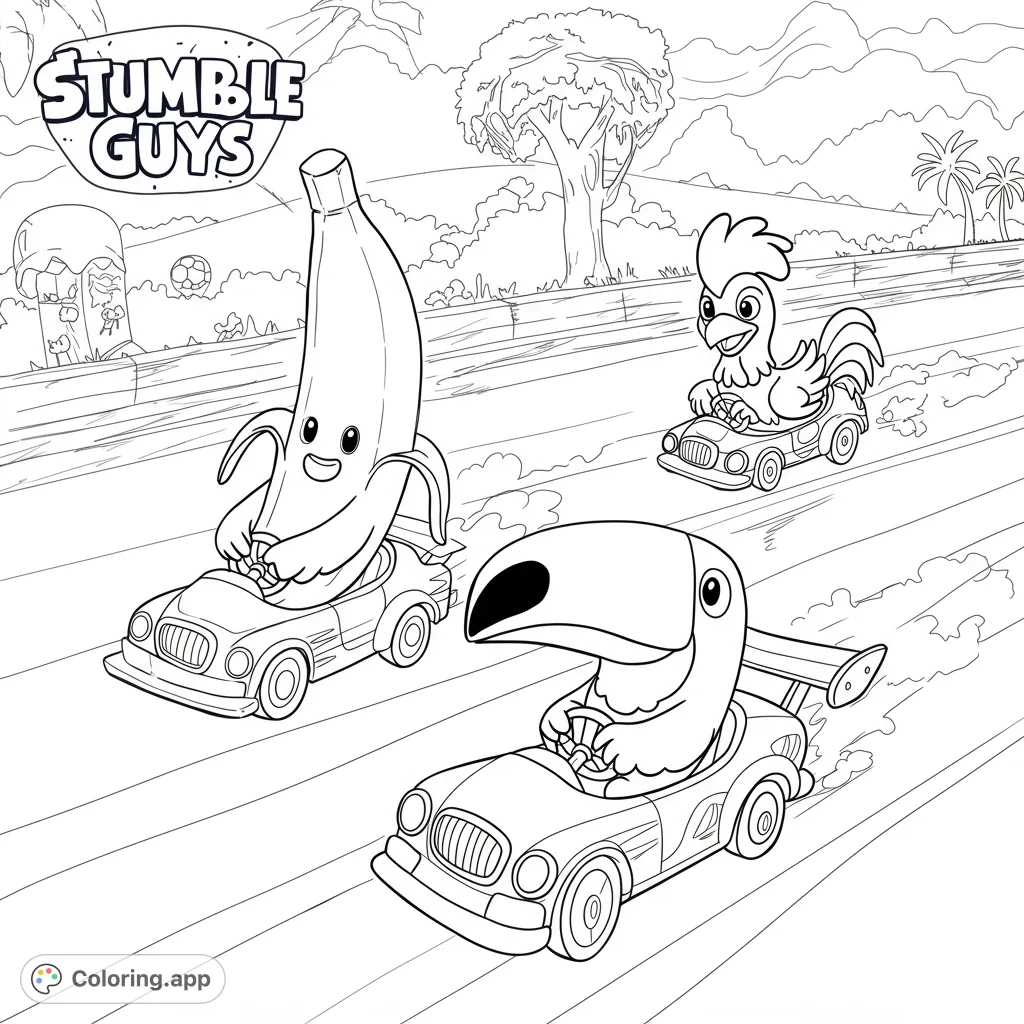 Join the Stumble Guys characters—Banana, Rooster, and Toucan—in a thrilling race on a tropical track. A fun, free printable coloring page for all ages!