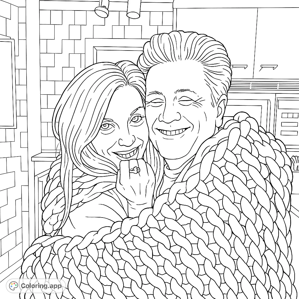 A heartwarming scene of a couple wrapped in a cozy, chunky knit blanket, smiling broadly in their kitchen. Perfect for a relaxing coloring experience.