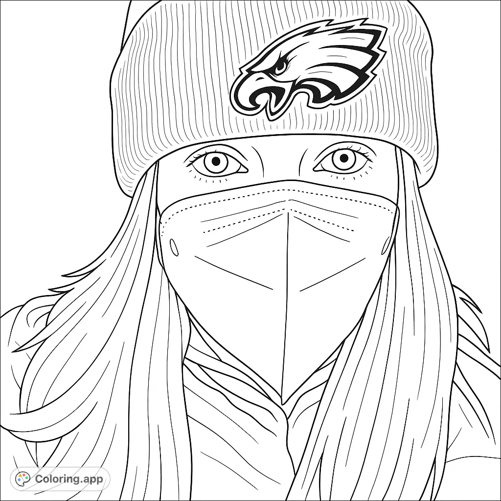 A detailed coloring page featuring a fan in an eagle beanie and face mask, perfect for sports enthusiasts and creative expression.