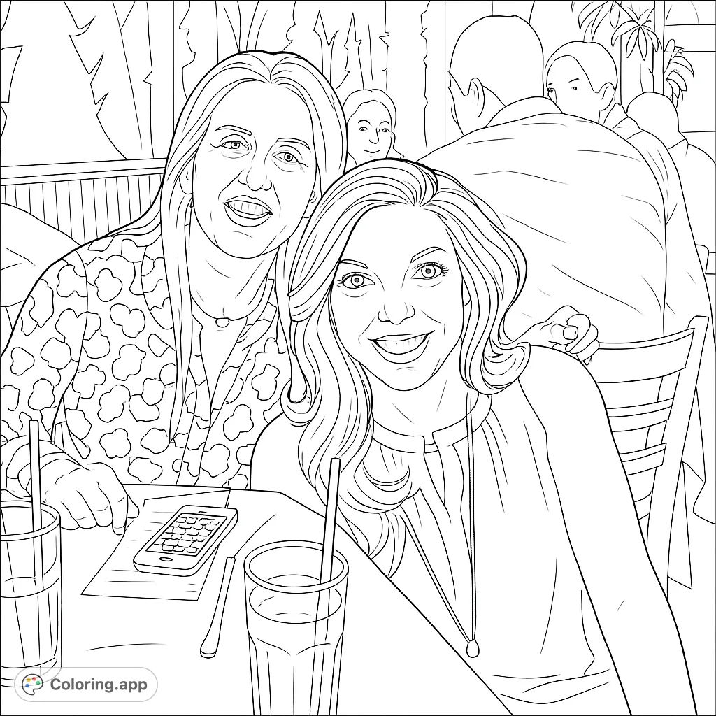 A delightful free printable coloring page featuring two smiling women enjoying a meal together at a restaurant, perfect for relaxation and creative expression.