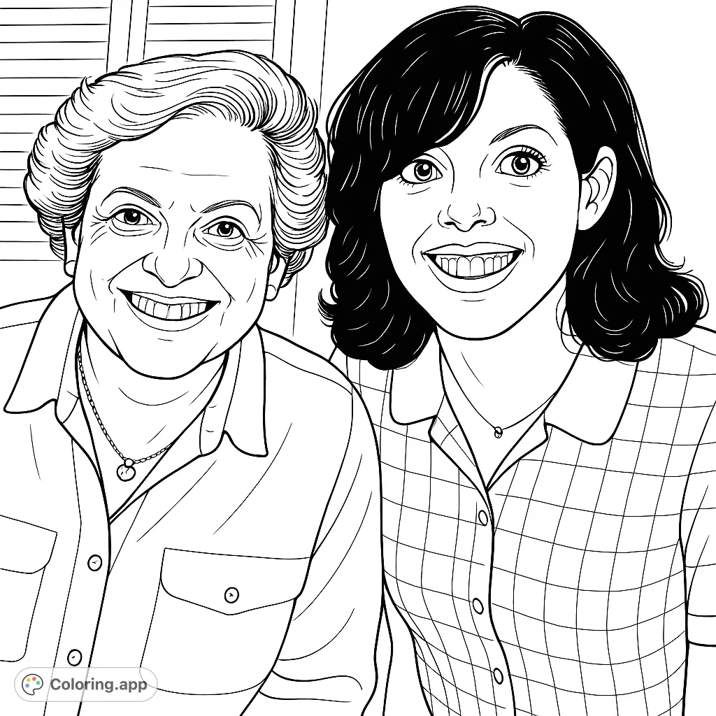 A heartwarming family portrait coloring page featuring two smiling women, perfect for all ages. A free printable coloring page for joyful moments.