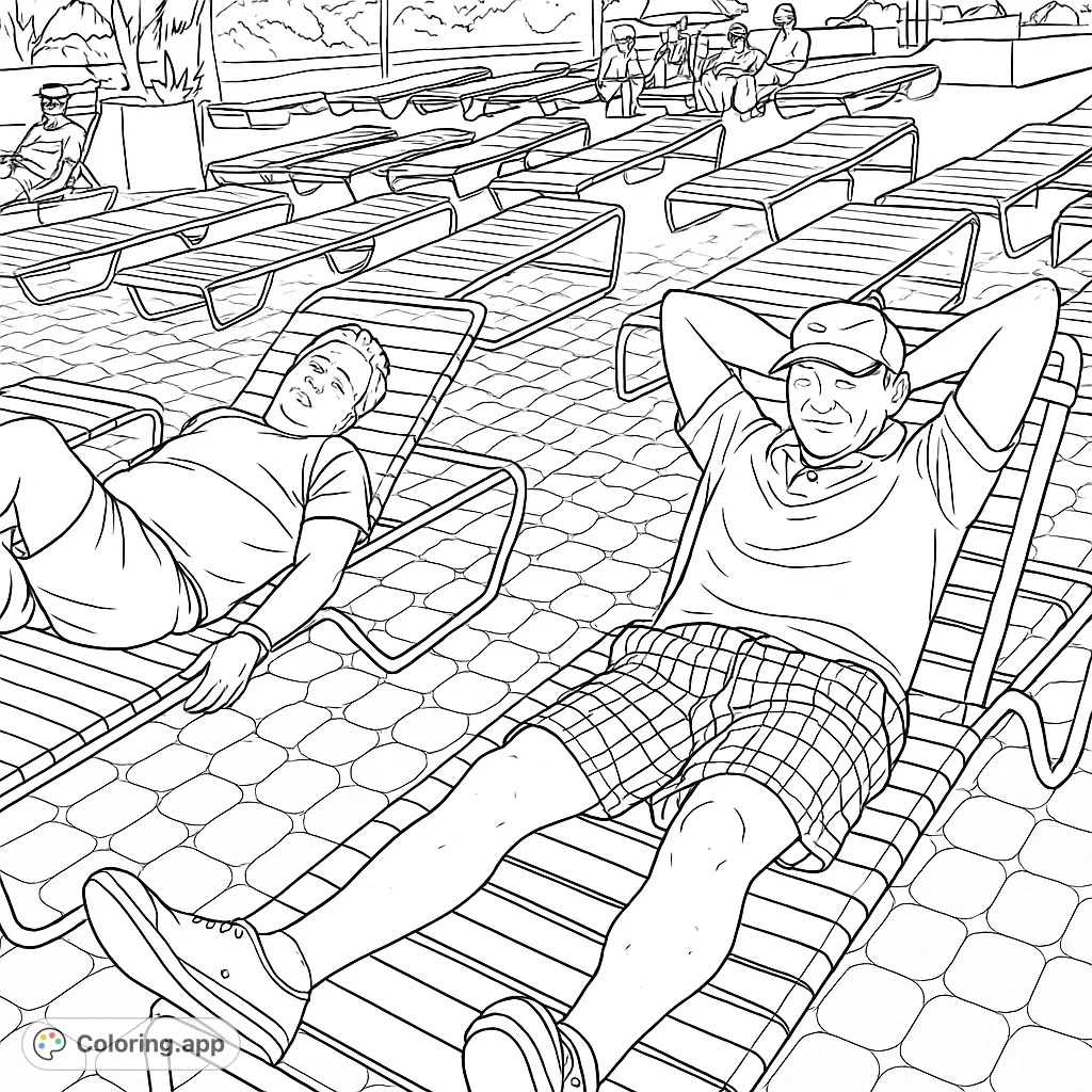 Relaxing poolside scene with two men on lounge chairs, perfect for a summer escape. A free printable vacation coloring page for all ages.