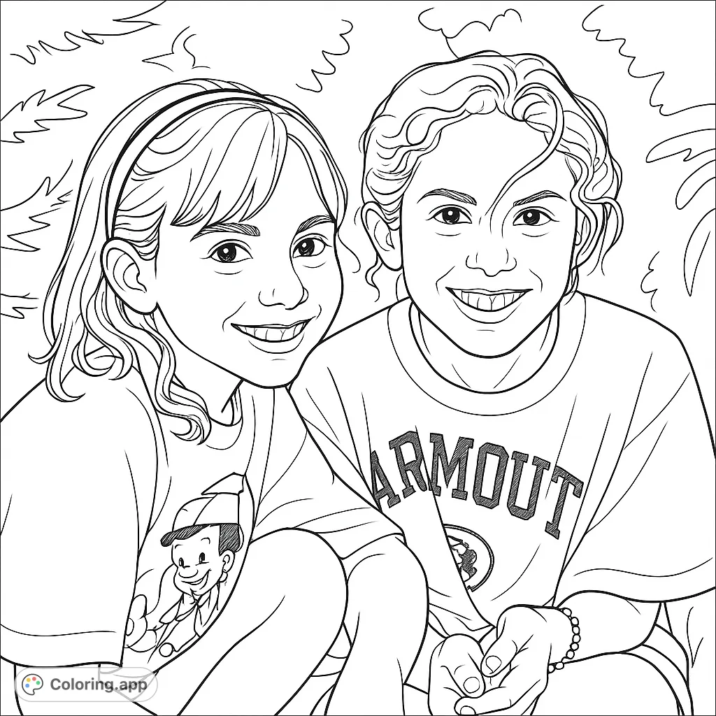 A heartwarming free printable coloring page featuring two happy children smiling, perfect for kids and adults to enjoy.