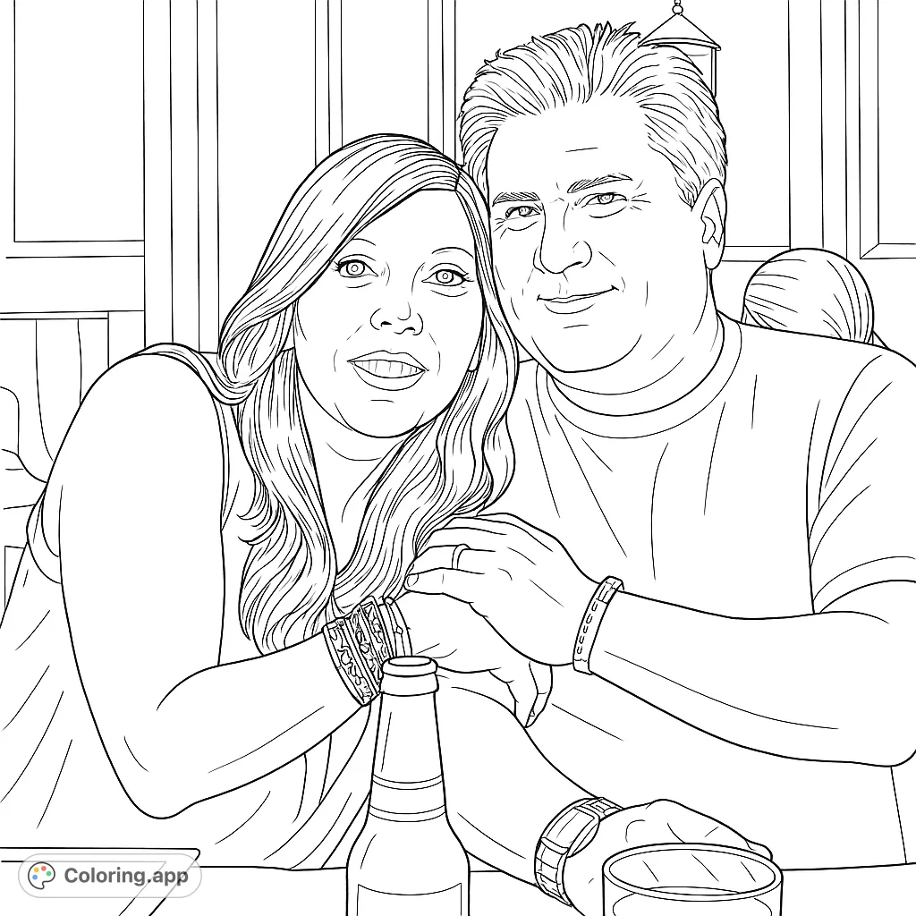 A heartwarming couple coloring page featuring a smiling man and woman at a table, perfect for celebrating love and connection. Free printable coloring page for adults.